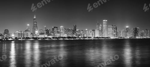 Preview: Black and white night panoramic picture of Chicago city skyline.