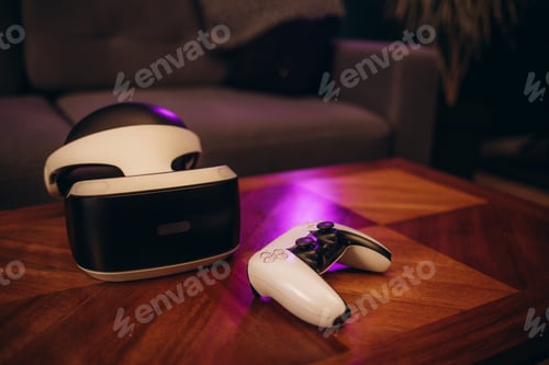 Preview: virtual reality glasses and a joystick for video games on the table
