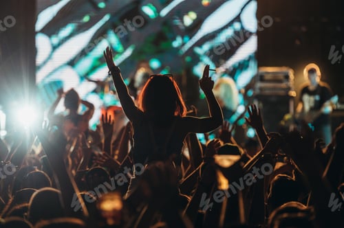 Preview: Silhouette of a woman with raised hands on a concert
