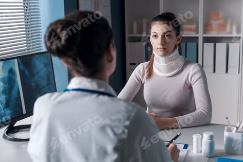 Preview: Injured woman with cervical collar in the doctor's office