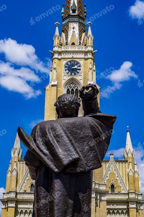 Preview: Rear view at Svetozar Miletic monument and Name of Mary Church in Novi Sad, Serbia