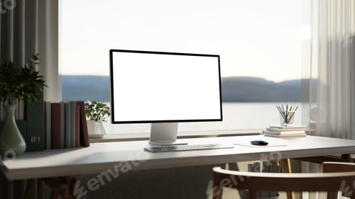 Preview: White screen computer and folders with vase on table in a bright room with sunlight through windows.