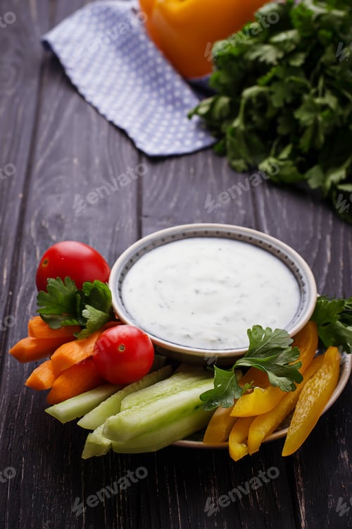 Preview: Fresh vegetables stick and yogurt dip