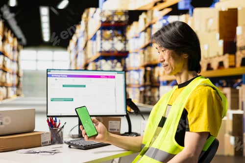 Preview: Staff reviews chroma key monitor in the stock room for data entry