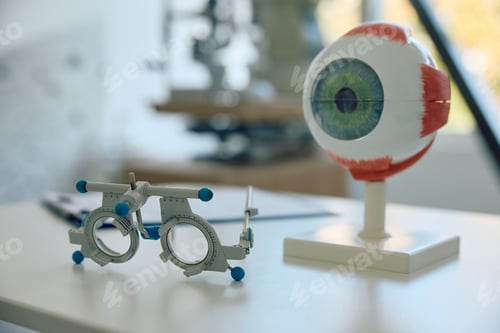 Preview: Artificial oculus sample and testing glasses at the eye clinic.