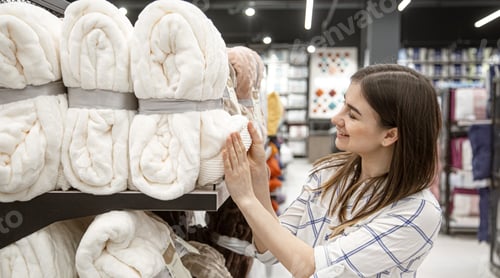 Preview: A young woman in a store chooses textiles.
