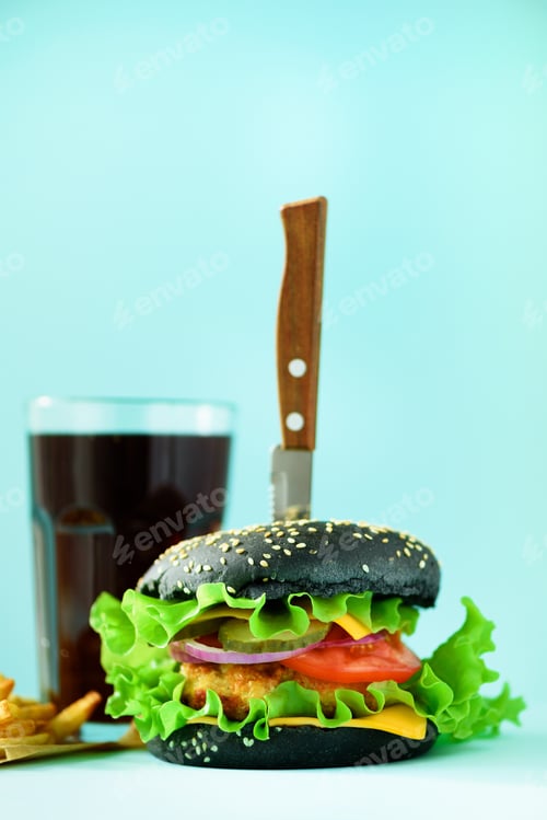 Preview: Fast food banner. Juicy meat burgers with cheese, lettuce on blue background. Take away meal