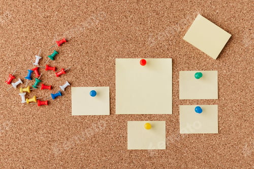 Preview: Colorful Push Pins and Sticky Notes Arranged on a Corkboard for Organization and Brainstorming