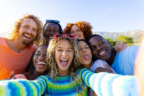 Preview: Happy diverse group of friends having party, taking a selfie in garden