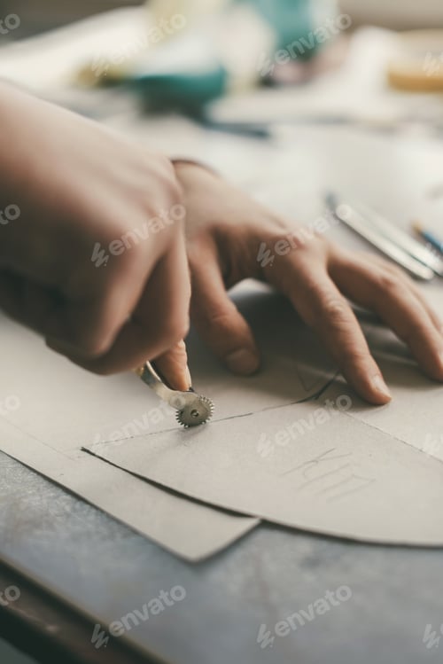 Preview: cropped shot of craftsman tracing leather sheets to create shoes