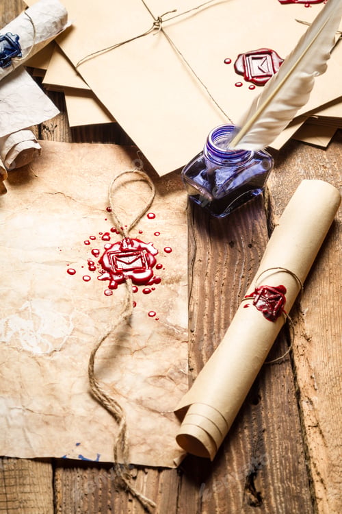 Preview: Closeup of old rolls of paper, glasses and blue ink in the inkwell