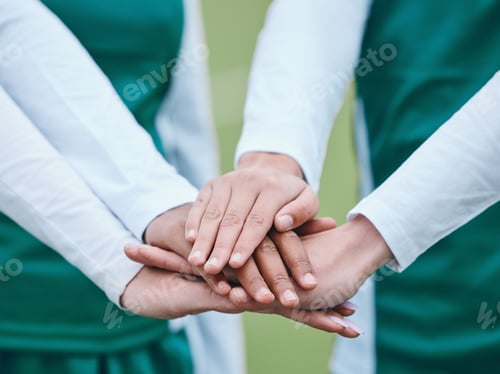 Preview: Stack, sports or hands of team in huddle with support, solidarity or plan for a hockey training gam