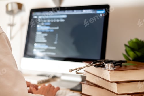Preview: Doctor programs AI chatbot on computer with books,stethoscope, showing tech integration in medicine
