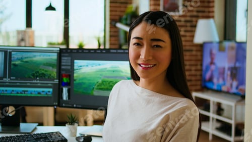 Preview: Asian woman video editor working with dual monitors in living room