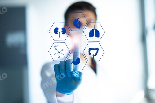 Preview: Healthcare professional wearing bright blue medical gloves is pointing to a group of medical icons