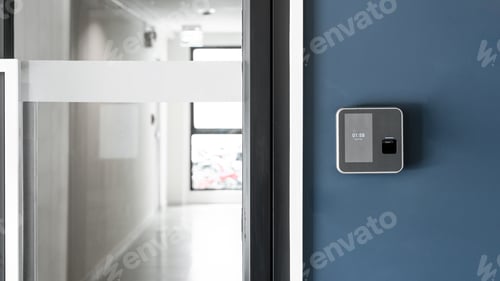Preview: Finger or card scanner device placed on blue wall to unlock the entrance door