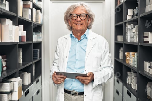 Preview: Senior pharmacist with digital tablet in pharmacy storeroom