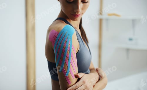 Preview: Sportive woman sits indoors with kinesio tape on her shoulder