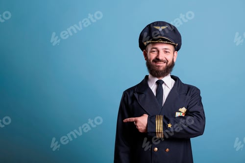 Preview: Airplane pilot pointing in side direction, advertising product