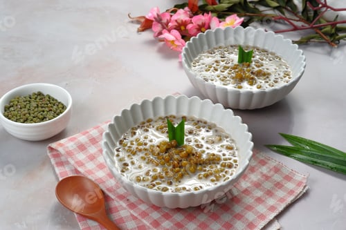 Preview: Bubur kacang ijo, bubur kacang hijau or Mungbean Porridge, Indonesian traditional dessert. serven in