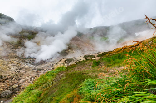 Preview: Thrilling view of hot spring, erupting fumarole, gas-steam activity in crater of active volcano