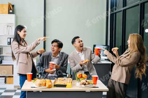 Preview: Lively office party with coworkers celebrating, enjoying pizza and drinks, and fostering team spirit