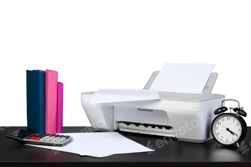 Preview: Printer and stack of books on black table against white background