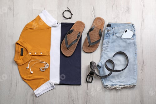 Preview: Set of stylish clothes and accessories on wooden floor, flat lay