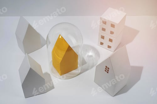 Preview: Artistic arrangement of white paper houses with a vibrant yellow one in the center