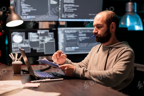 Preview: Software engineer analyzing source code with papers