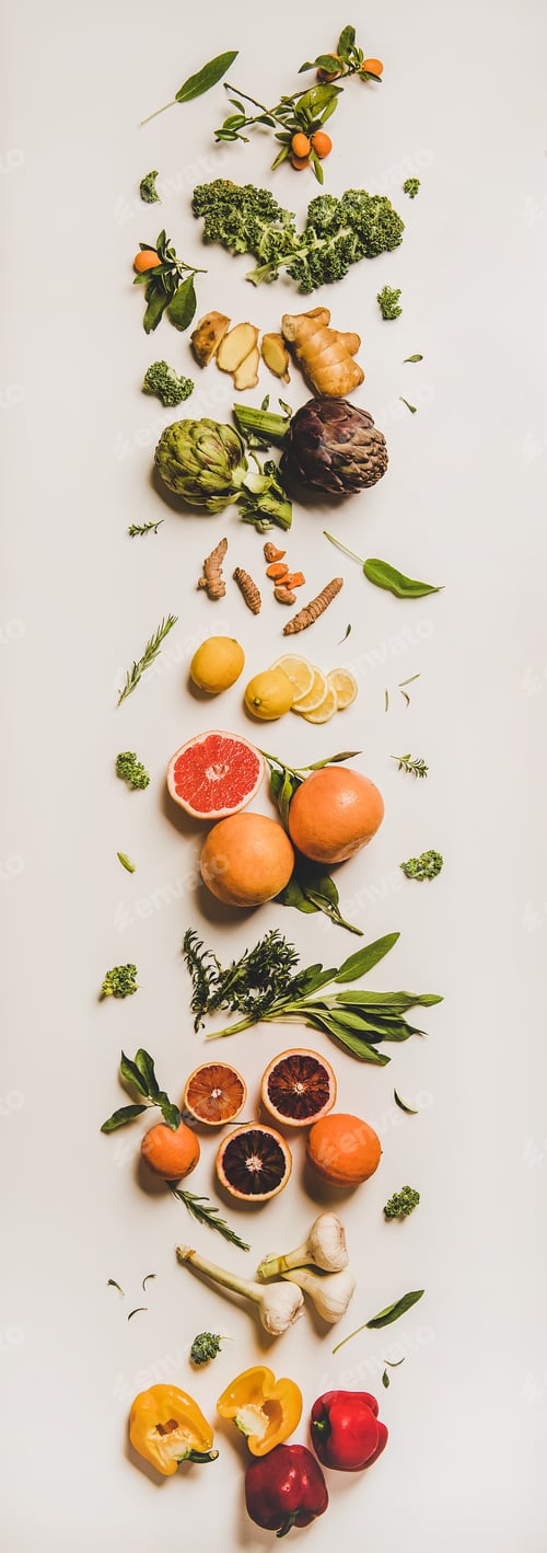 Preview: Variety of colorful immunity boosting plant foods over white background