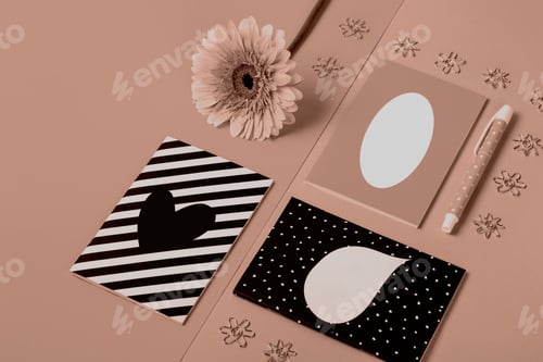 Preview: Set of stylish notebooks on paper geometric background, , mocha mousse tinting
