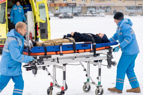 Preview: Two paramedics pushing sick unconscious man on stretcher towards ambulance car