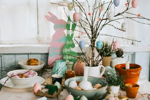 Preview: set table for Easter party, setting for celebration of Happy Easter in country house