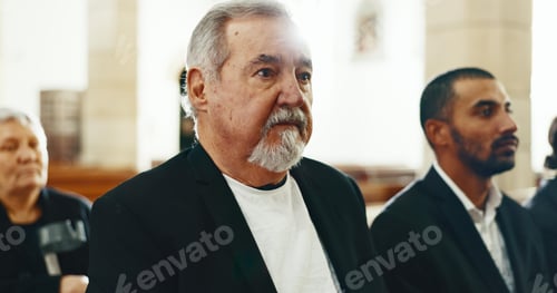 Preview: Sad, senior man and closeup at a funeral in church for religious service and mourning. Grief, elder