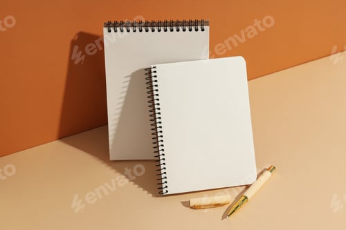 Preview: Open notebooks stand with pens on a light background
