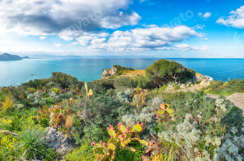 Preview: Picturesque spring view on the the cape Milazzo panorama of nature reserve Piscina di Venere.