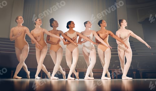 Preview: Shot of a group of ballet dancers practicing a routine on a stage