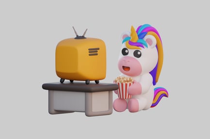 Preview: Cartoon unicorn watching television popcorn