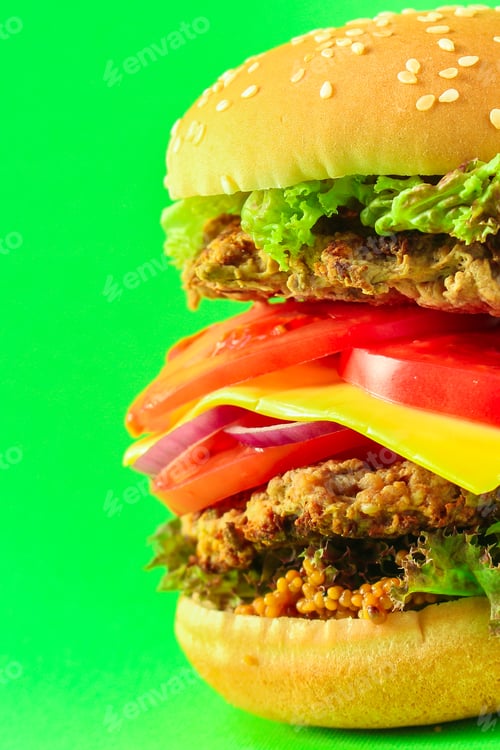Preview: Burger (Roll, Cutlets, Cheese, Lettuce, Tomato, Onion, Sauce And More) Menu Concept. Food