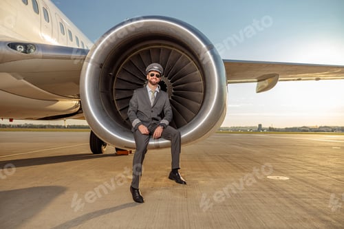 Preview: Cheerful male pilot sitting in airplane engine at airport