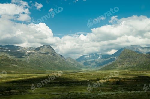 Preview: aerial view of green valley and rocks Hallingskarvet National park, Norway