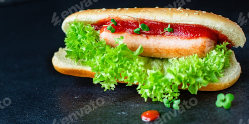 Preview: Hot Dog Sandwich Sausage Tomato Sauce Lettuce Leaf Fast Food Portion On The Table Meal Snack Top