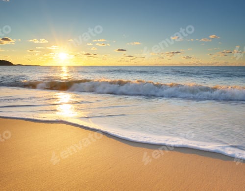 Preview: Sandy seashore at sunset.
