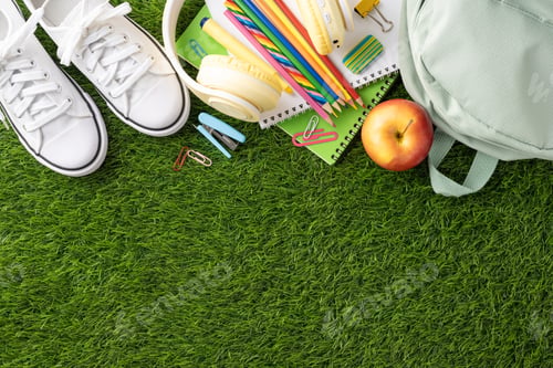 Visualização: Itens essenciais de volta às aulas, incluindo sapatos brancos e suprimentos coloridos