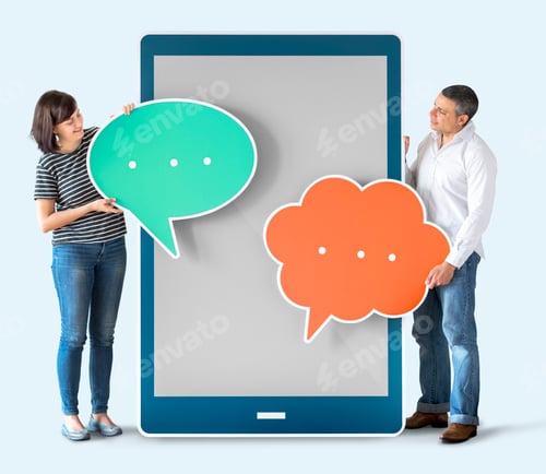 Preview: Diverse people holding speech bubbles and tablet