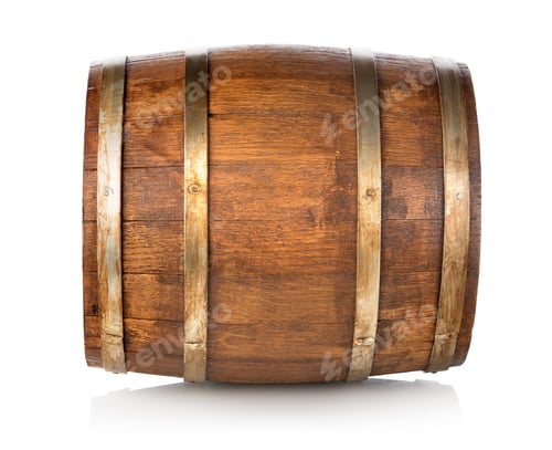 Preview: Wooden Barrel with Metal Bands on White Background