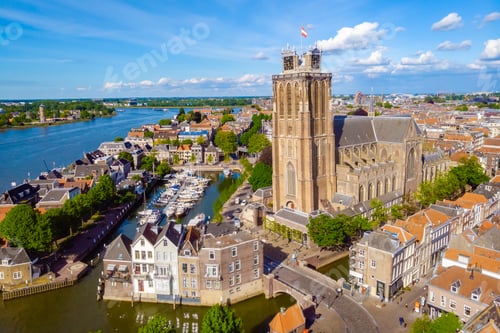 Preview: Dordrecht Netherlands, skyline of the old city of Dordrecht with church and canal buildings