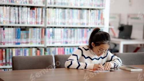 Preview: A girl is sitting at a table in a library, reading a book