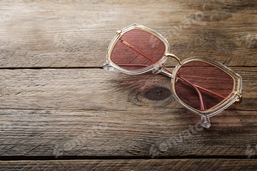 Preview: New stylish sunglasses on wooden table, space for text